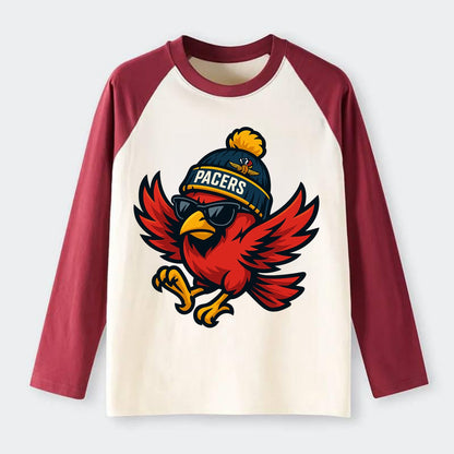 Indiana Cardinal wearing Pacers beanie with speedway patch and - Raglan Long Sleeve T-Shirt - Red