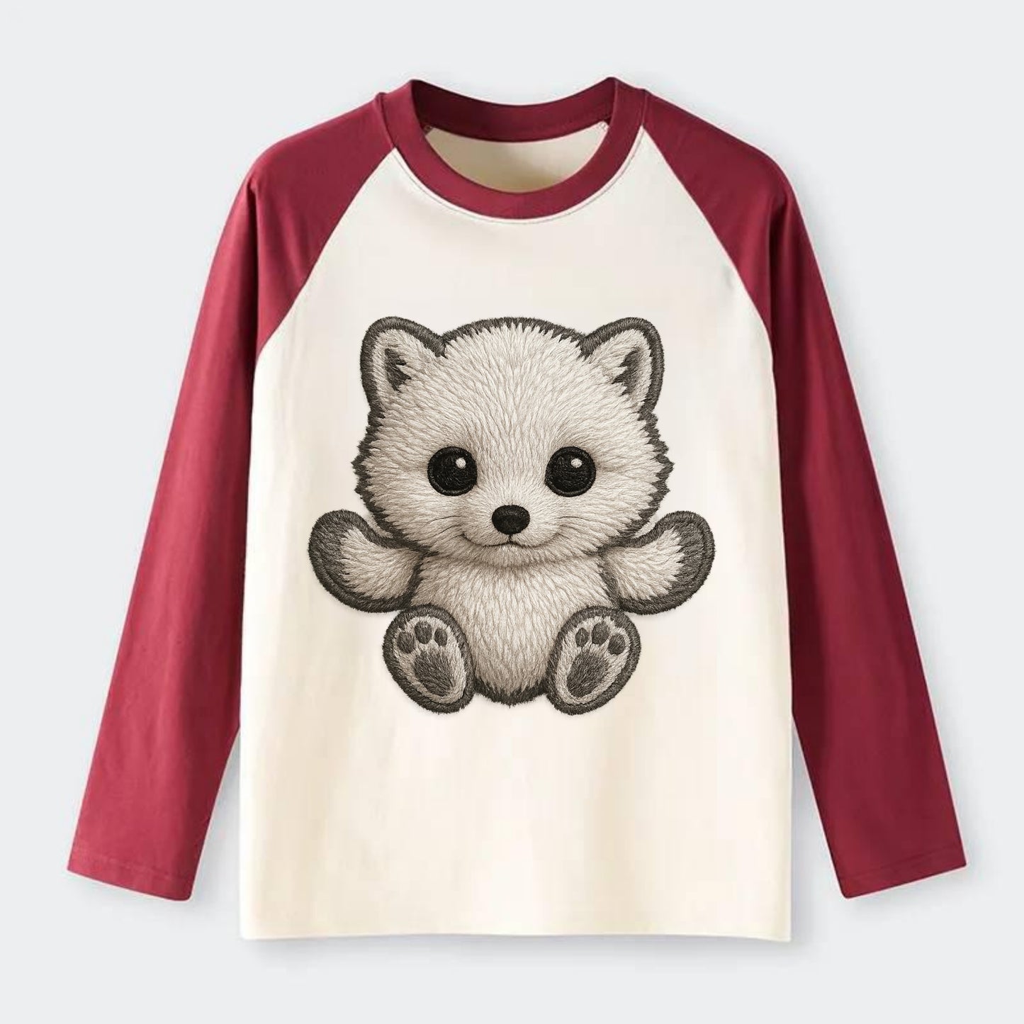 Baby Arctic Fox - white fluffy, tiny black nose, bright curious eyes, - Raglan Long Sleeve T-Shirt - Red