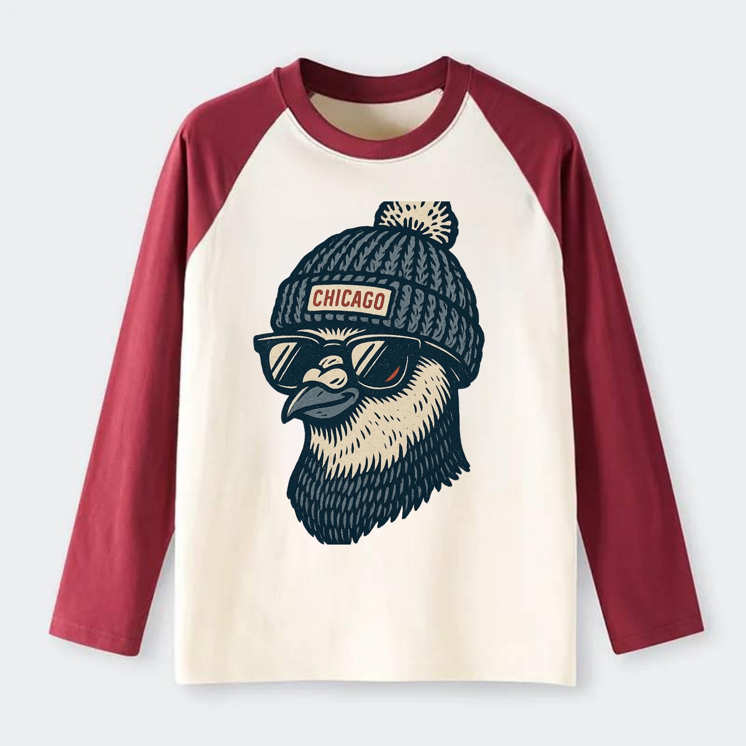 Chicago Pigeon wearing Chicago beanie with pom pom and wayfarer - Raglan Long Sleeve T-Shirt - Red