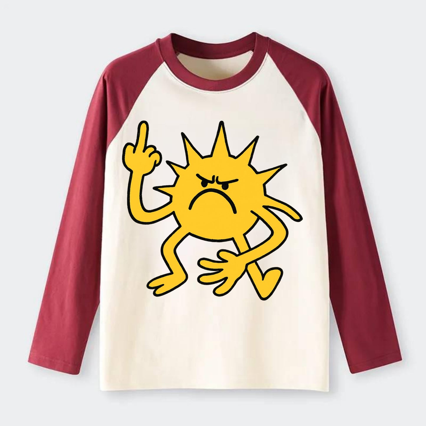MORNINGS ARE PUNISHMENT | Grumpy sun with middle finger - Raglan Long Sleeve T-Shirt - Red