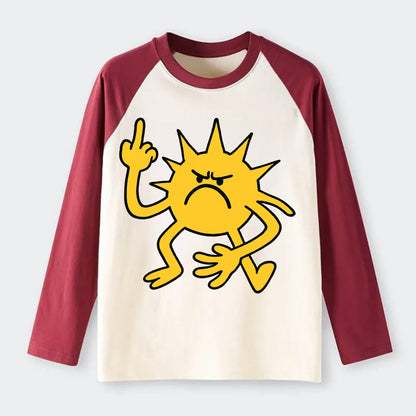 MORNINGS ARE PUNISHMENT | Grumpy sun with middle finger - Raglan Long Sleeve T-Shirt - Red