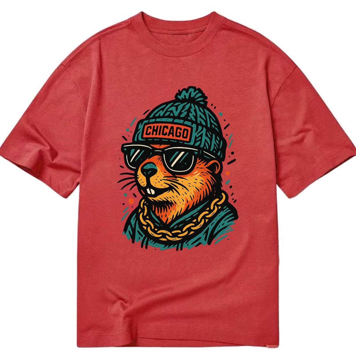 Illinois Prairie Dog wearing Chicago beanie with pom pom and wayfarer sunglasses - Classic T-shirt - Red