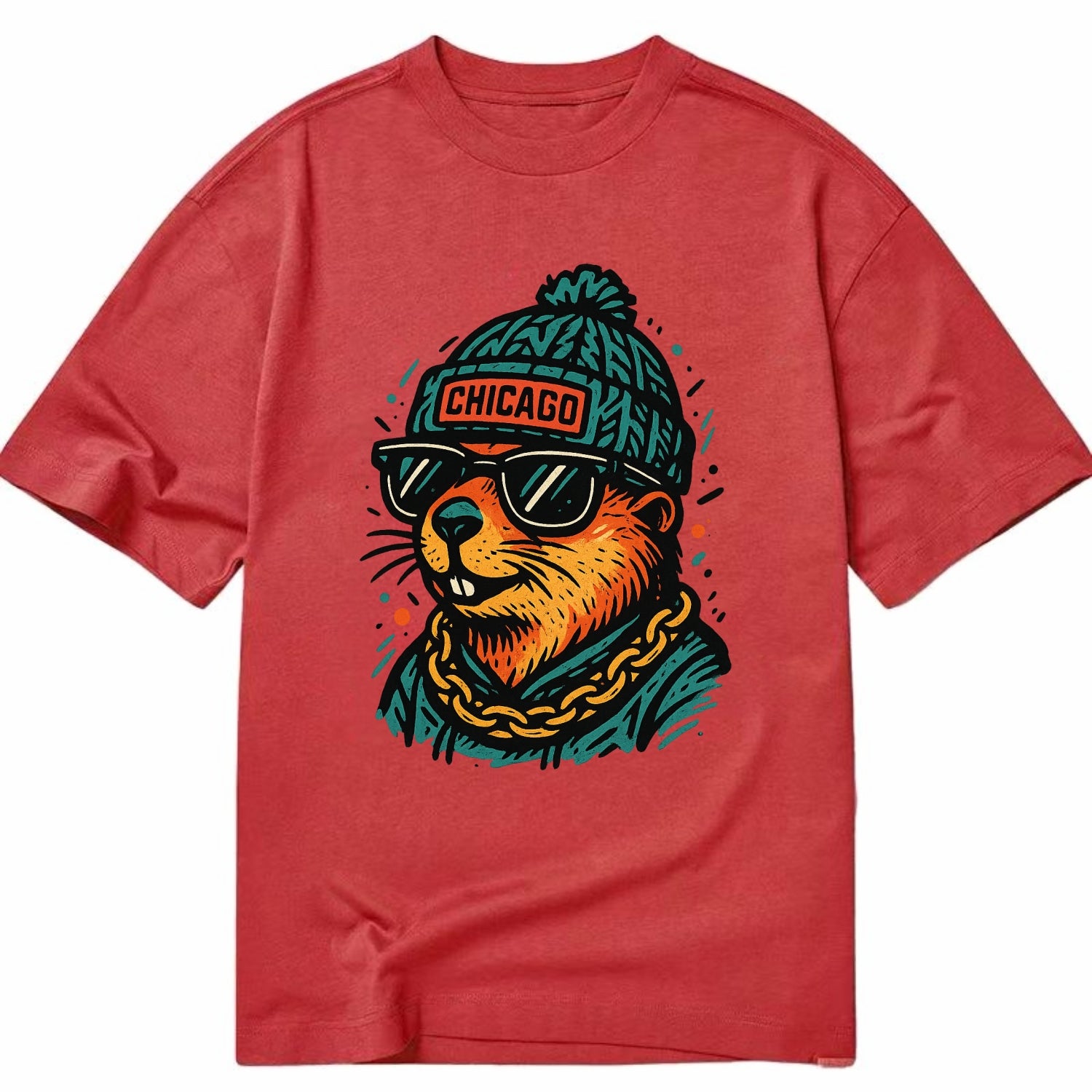 Illinois Prairie Dog wearing Chicago beanie with pom pom and wayfarer sunglasses - Classic T-shirt - Red