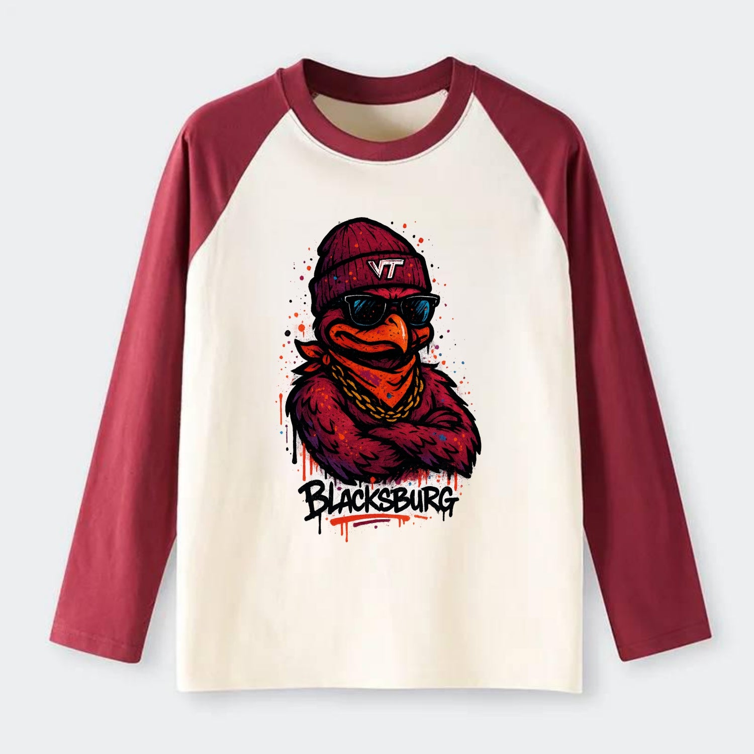Blacksburg HokieBird wearing Virginia Tech beanie with VT patch - Raglan Long Sleeve T-Shirt - Red