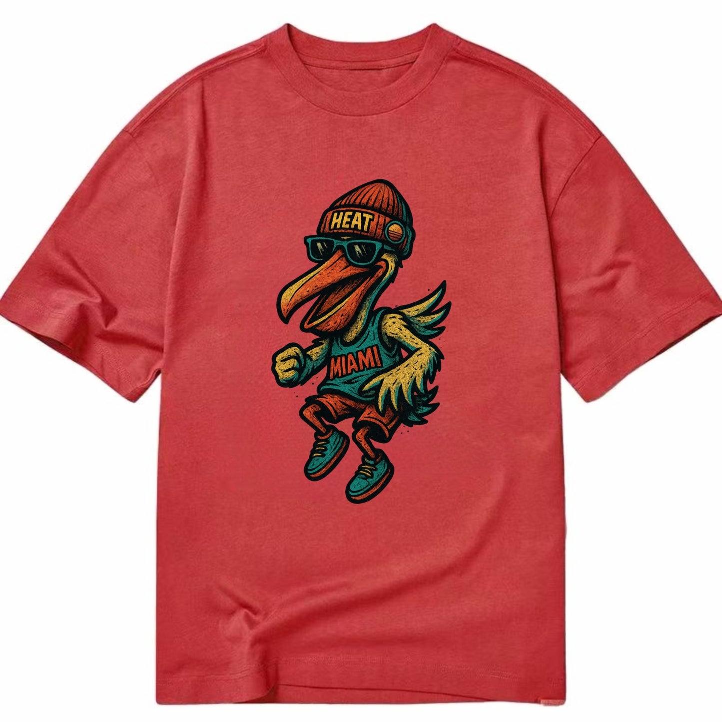 Miami Pelican wearing Heat beanie with sunset patch and wayfarer sunglasses - Classic T-shirt - Red