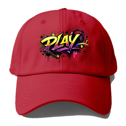 Bold typography design - "PLAY" - creative expression, musical performance - Baseball Cap - Red