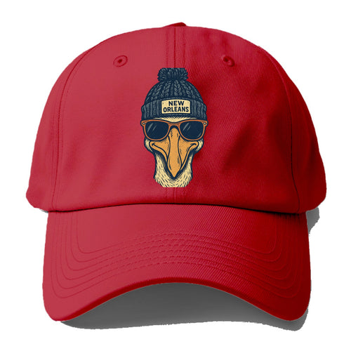 New Orleans Pelican wearing New Orleans beanie with pom pom and wayfarer sunglasses - Baseball Cap