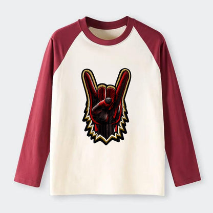 ROCK HAND HORNS - devil horns hand gesture in black and red , metal - Raglan Long Sleeve T-Shirt - Red