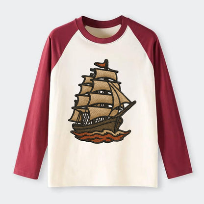 Sailing Ship  - Raglan Long Sleeve T-Shirt - Red