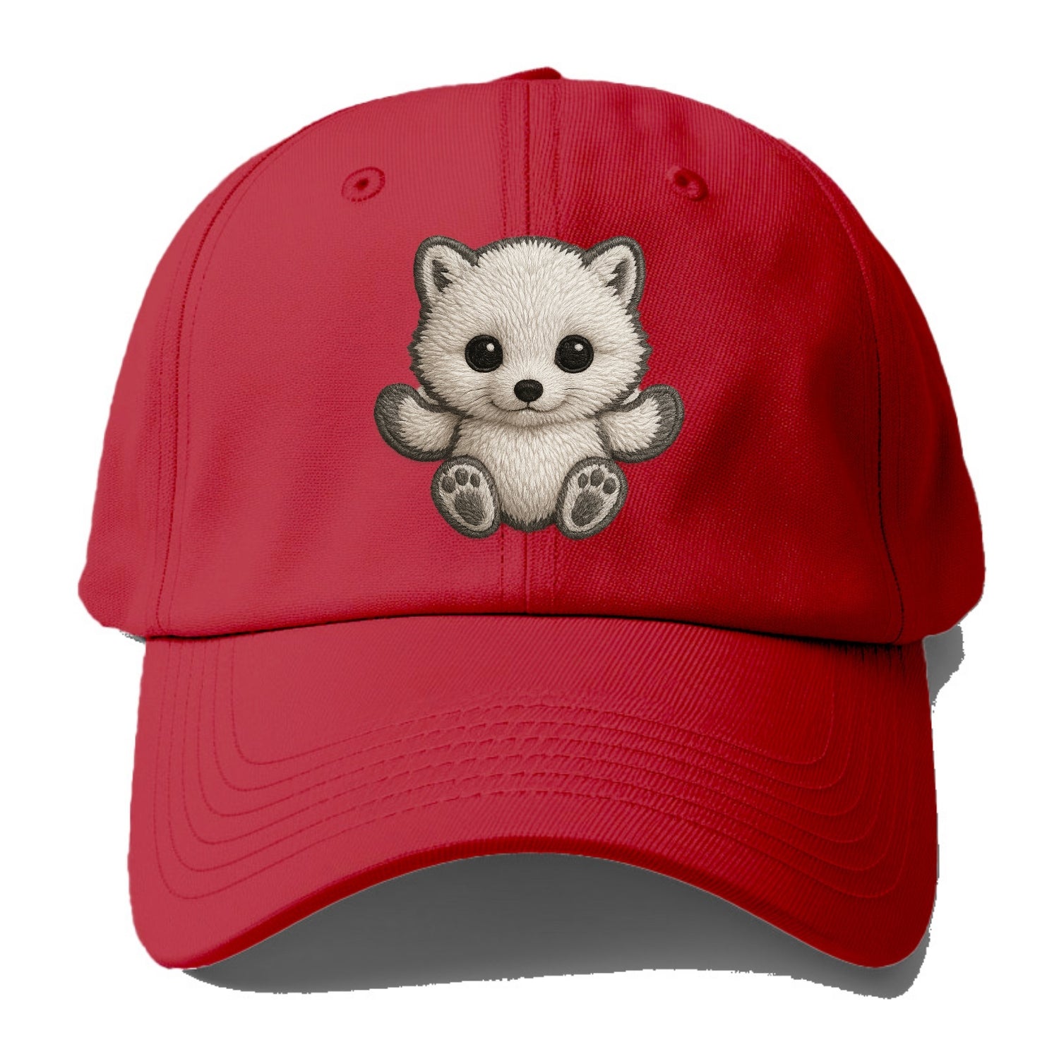 Baby Arctic Fox - white fluffy, tiny black nose, bright curious eyes, front-facing, - Baseball Cap - Red