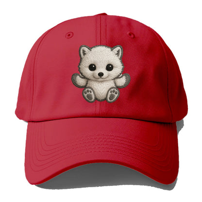 Baby Arctic Fox - white fluffy, tiny black nose, bright curious eyes, front-facing, - Baseball Cap - Red