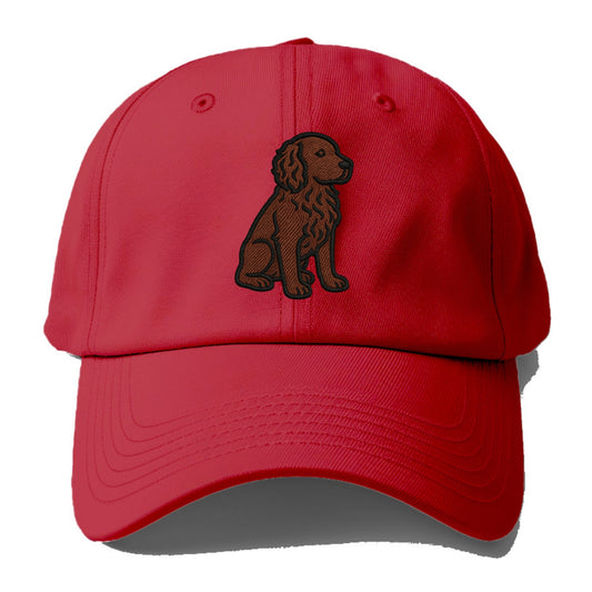 Boykin Spaniel - Rich chocolate brown wavy coat embroidered sitting pose - Baseball Cap - Red