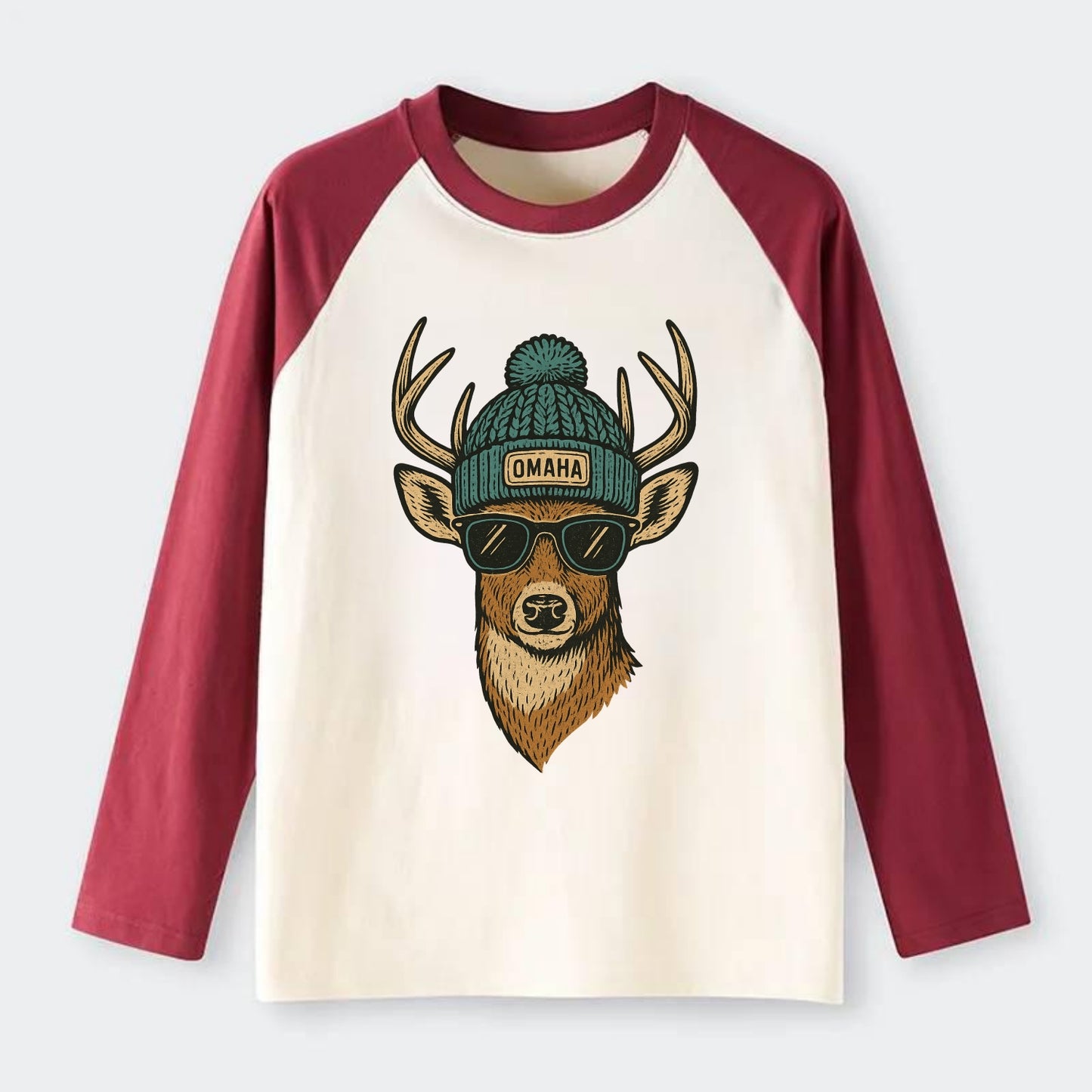 Nebraska White-tailed Deer wearing Omaha beanie with pom pom and - Raglan Long Sleeve T-Shirt - Red