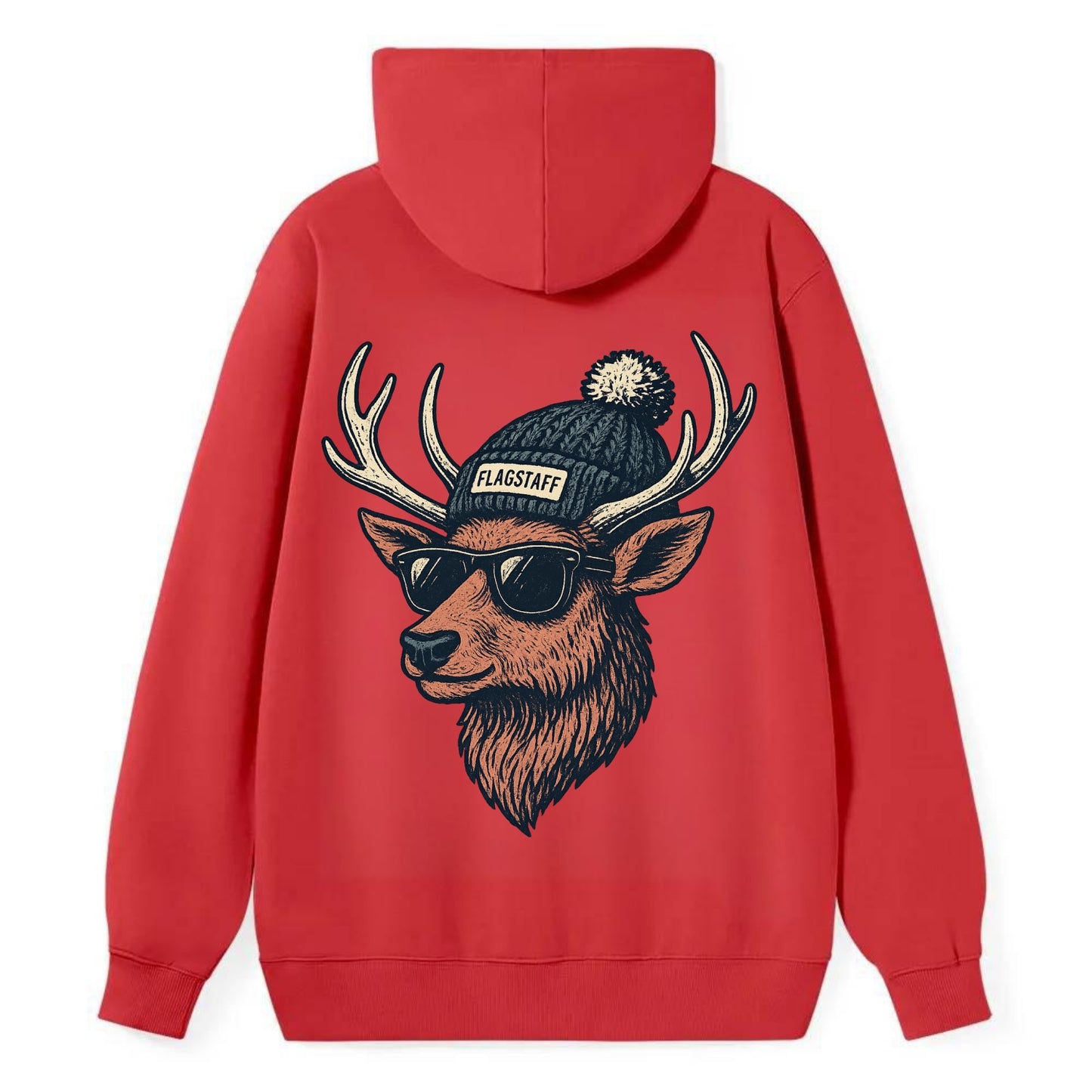 Flagstaff Elk wearing Flagstaff beanie with pom pom and wayfarer - Classic Pullover Hoodie - Red