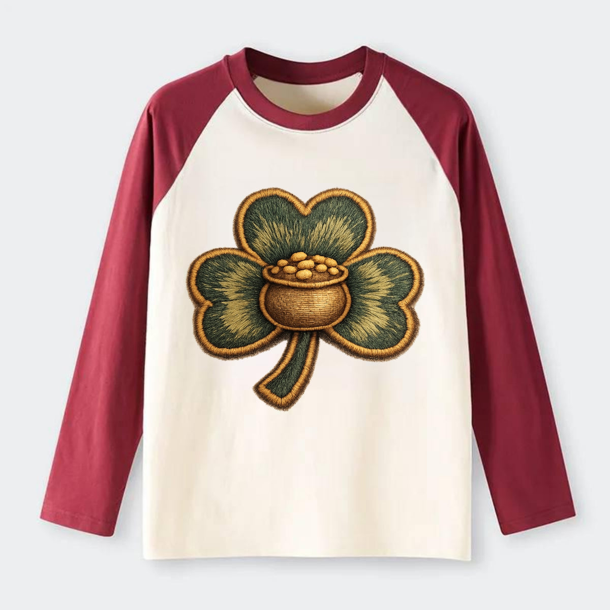 ST PATRICKS CLOVER - lucky clover with gold in green and gold , Irish - Raglan Long Sleeve T-Shirt - Red