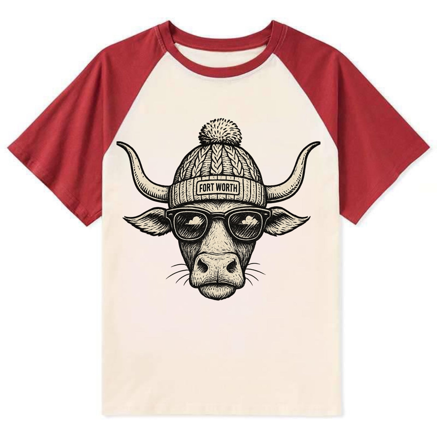 Fort Worth Longhorn wearing Fort Worth beanie with pom pom and wayfarer - Contrast Raglan T-shirt - Red