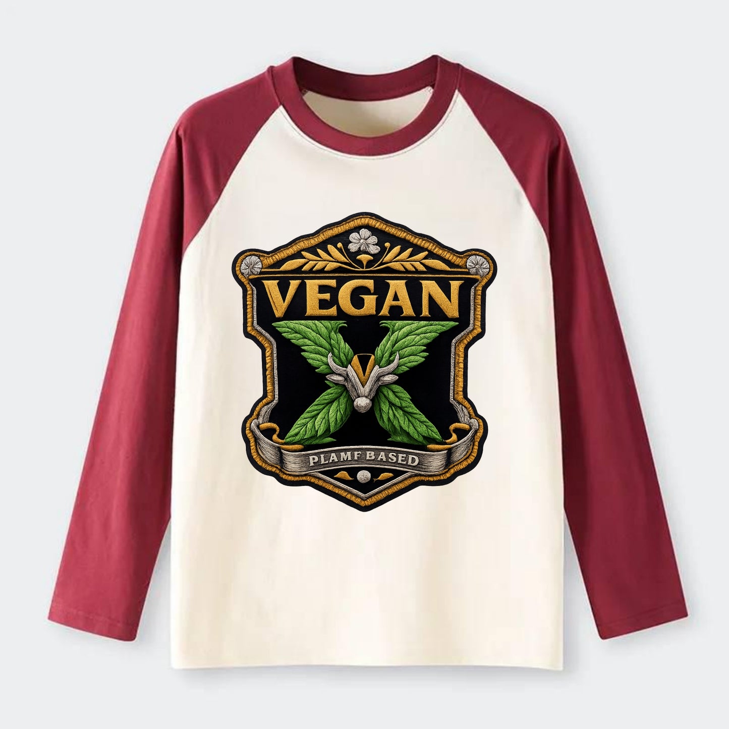 VEGAN X - plant-based symbol in green , animal rights - Raglan Long Sleeve T-Shirt - Red