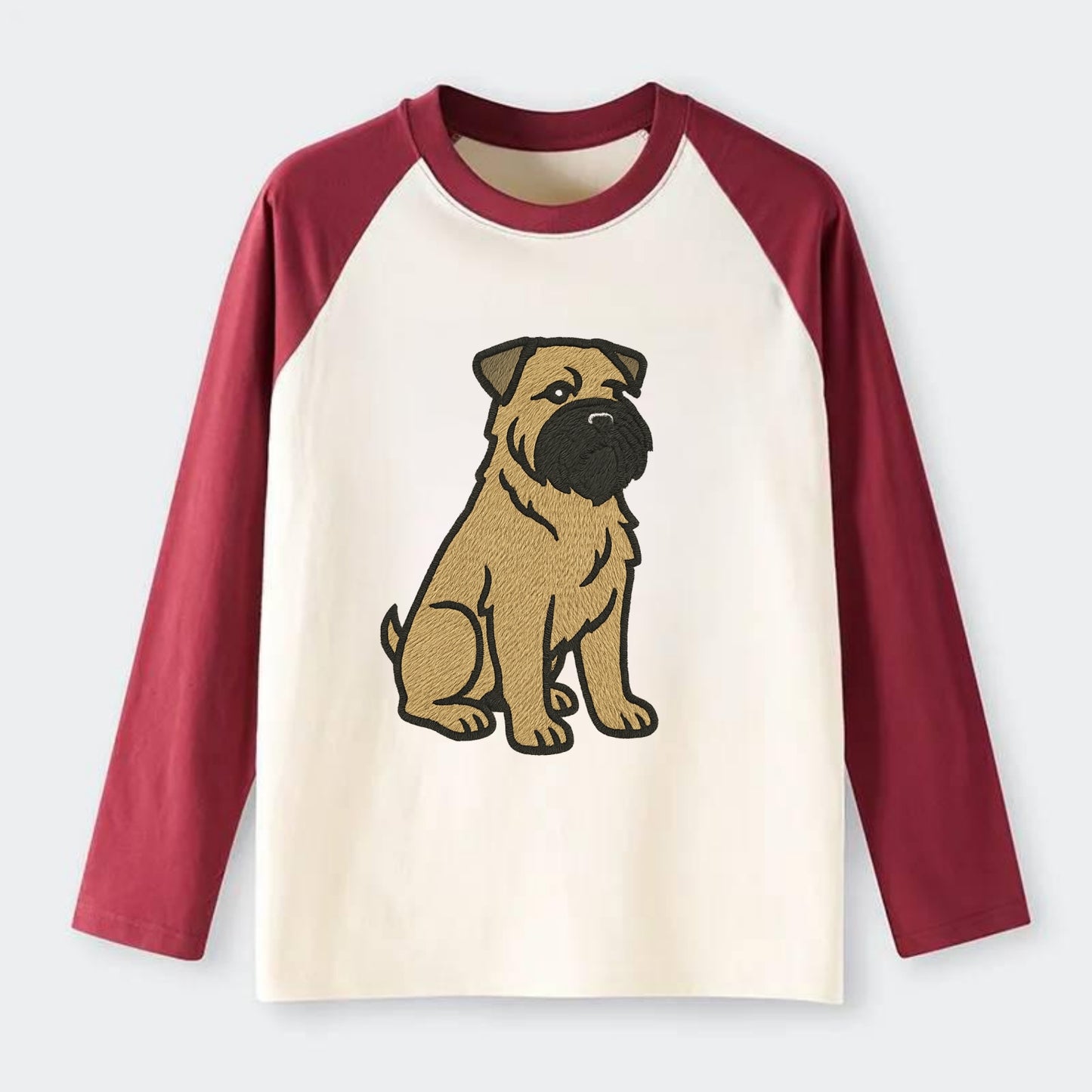 Bouvier des Flandres - Fawn rough coat embroidered design - Raglan Long Sleeve T-Shirt - Red