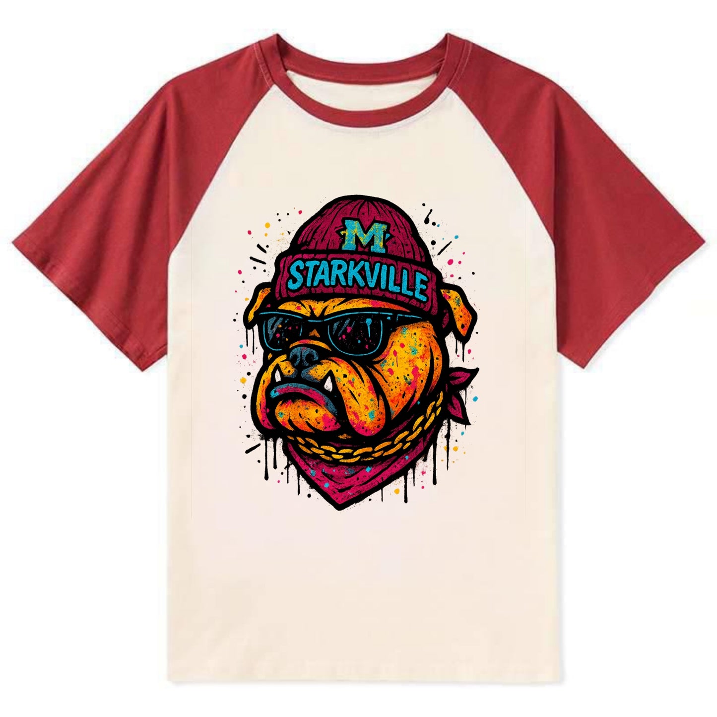 Starkville Bulldog wearing Mississippi State beanie with M patch - Contrast Raglan T-shirt - Red