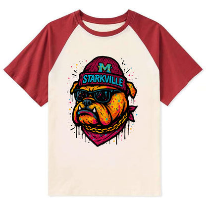 Starkville Bulldog wearing Mississippi State beanie with M patch - Contrast Raglan T-shirt - Red