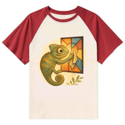 Chameleon blending into a stained-glass window it is polishing with - Contrast Raglan T-shirt - Red