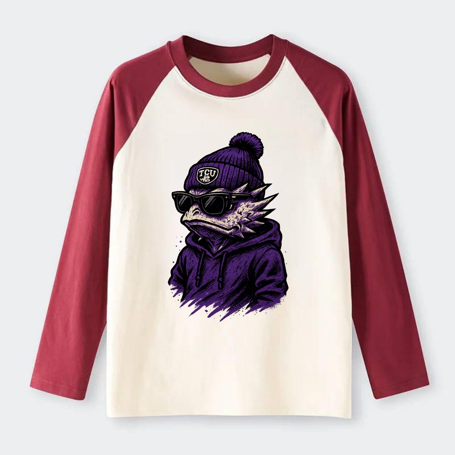 Fort Worth Horned Frog wearing TCU beanie with frog patch - Raglan Long Sleeve T-Shirt - Red