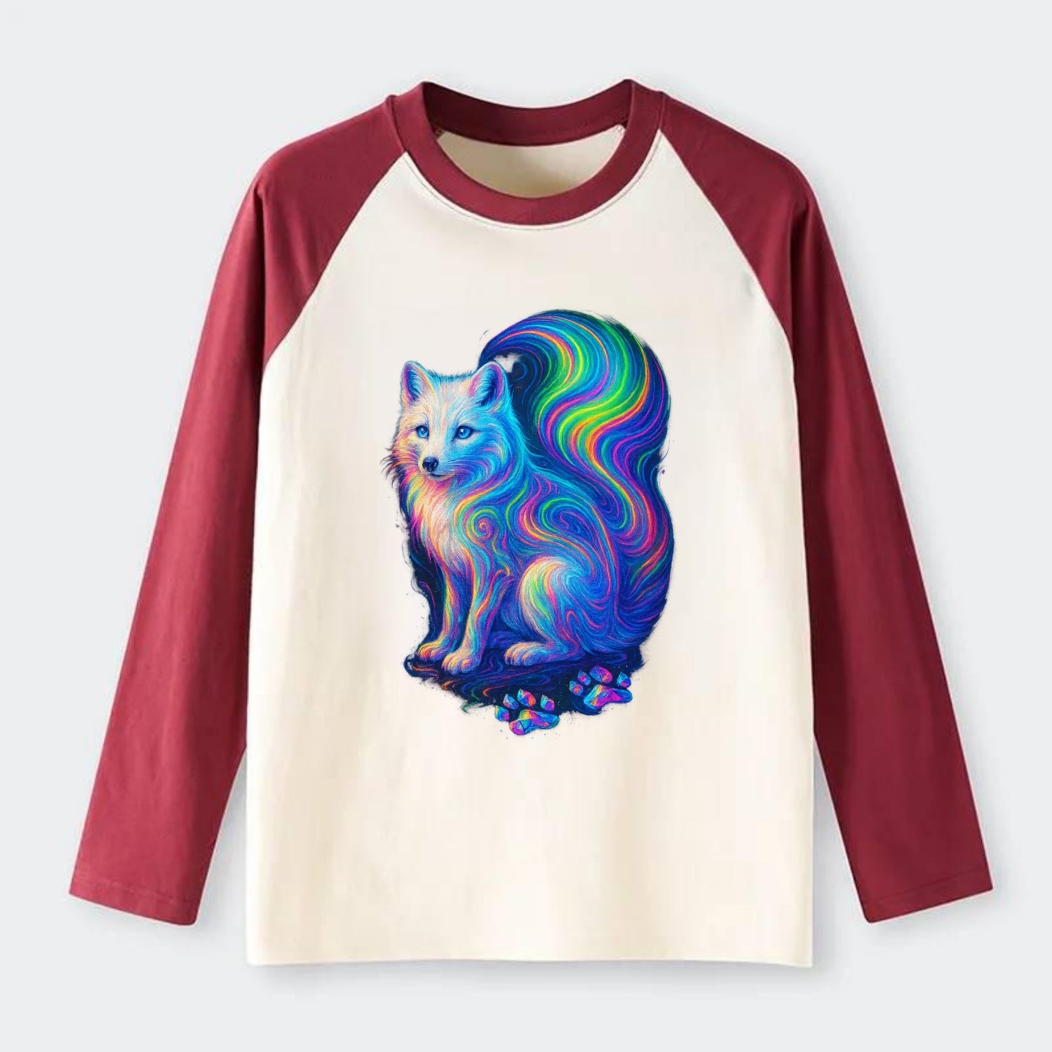 Graceful arctic fox with tail streaming aurora colors, white fur with - Raglan Long Sleeve T-Shirt - Red