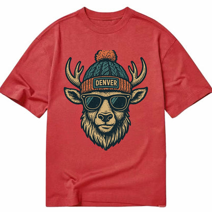Denver Elk wearing Denver beanie with pom pom and wayfarer sunglasses - Classic T-shirt - Red