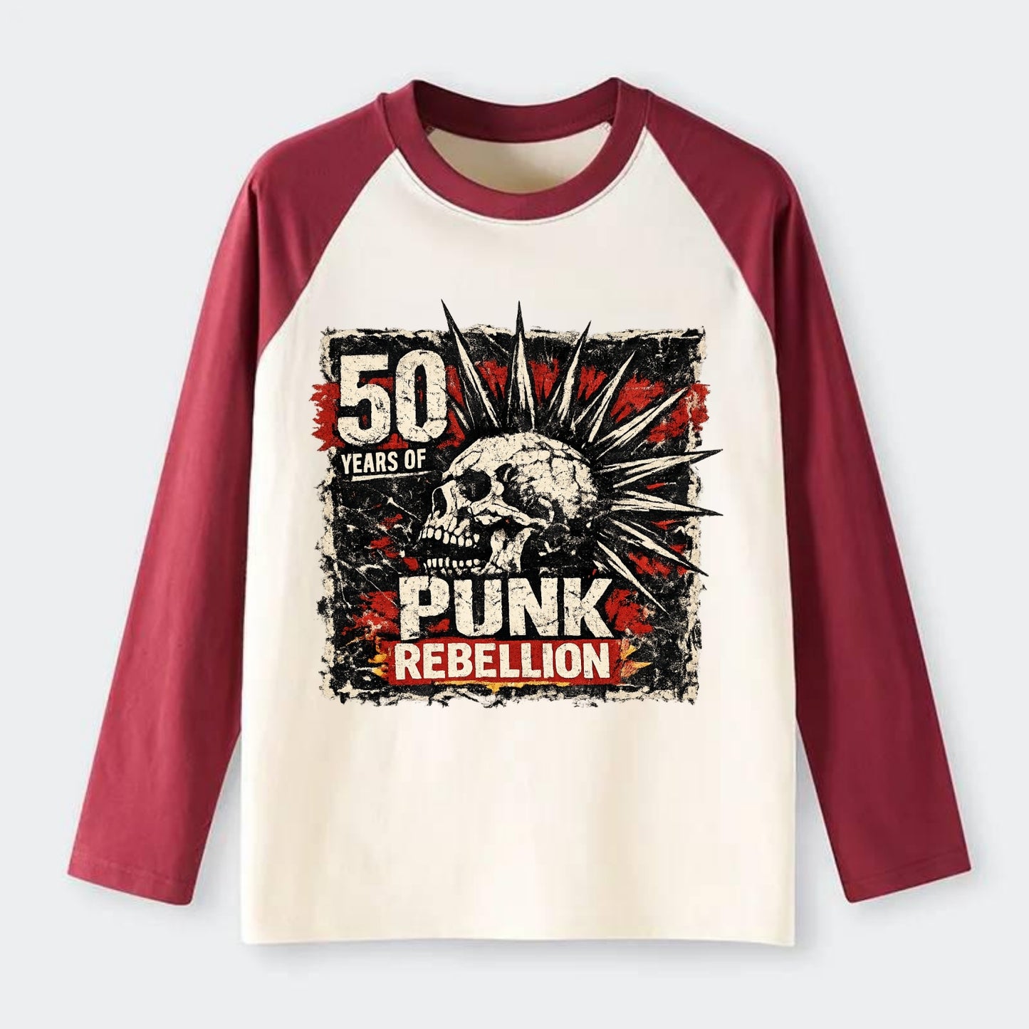 MOHAWK RISING | Spiked hair silhouette | Liberty spikes | Punk - Raglan Long Sleeve T-Shirt - Red