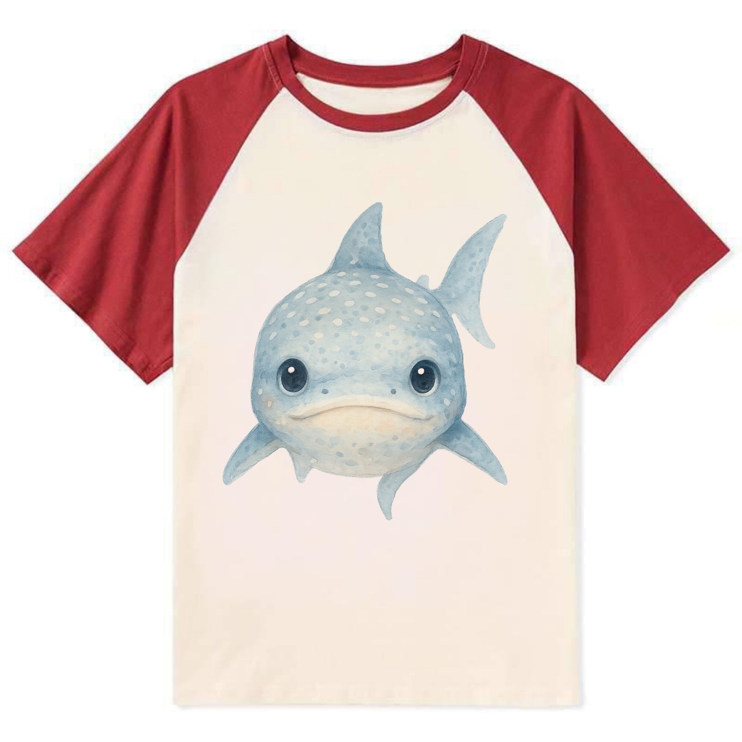 Baby Whale Shark - spotted blue-gray, wide mouth closed, tiny eyes, - Contrast Raglan T-shirt - Red