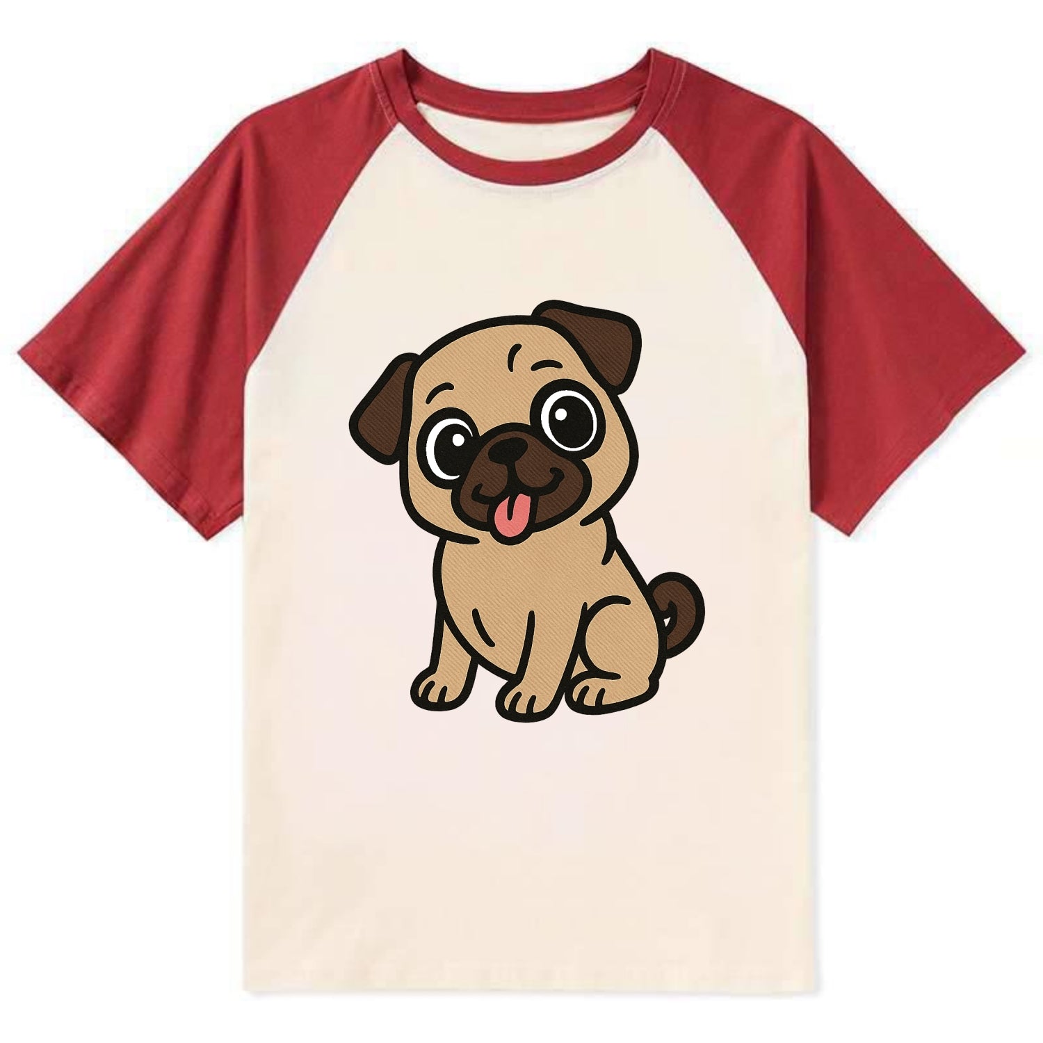 Pug - Tilted head with tongue out - Contrast Raglan T-shirt - Red