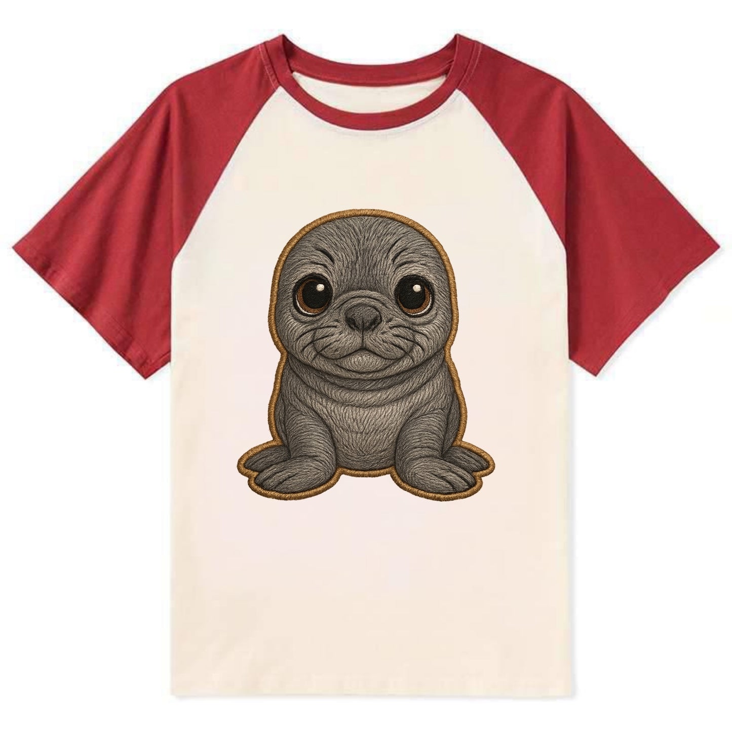 Baby Elephant Seal - gray wrinkly, tiny trunk nose, big dark eyes, - Contrast Raglan T-shirt - Red