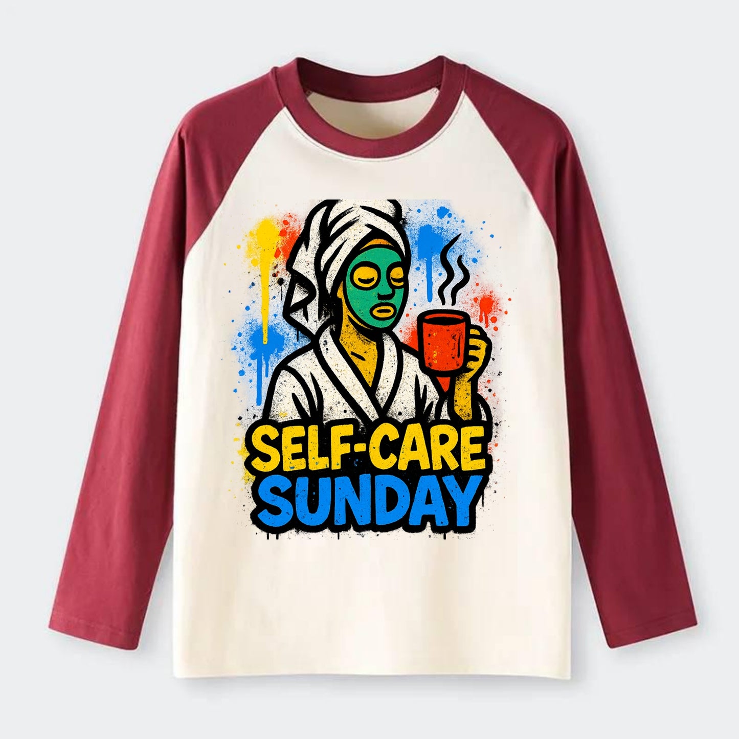 Person in bathrobe with face mask and tea - self-care Sunday ritual, - Raglan Long Sleeve T-Shirt - Red
