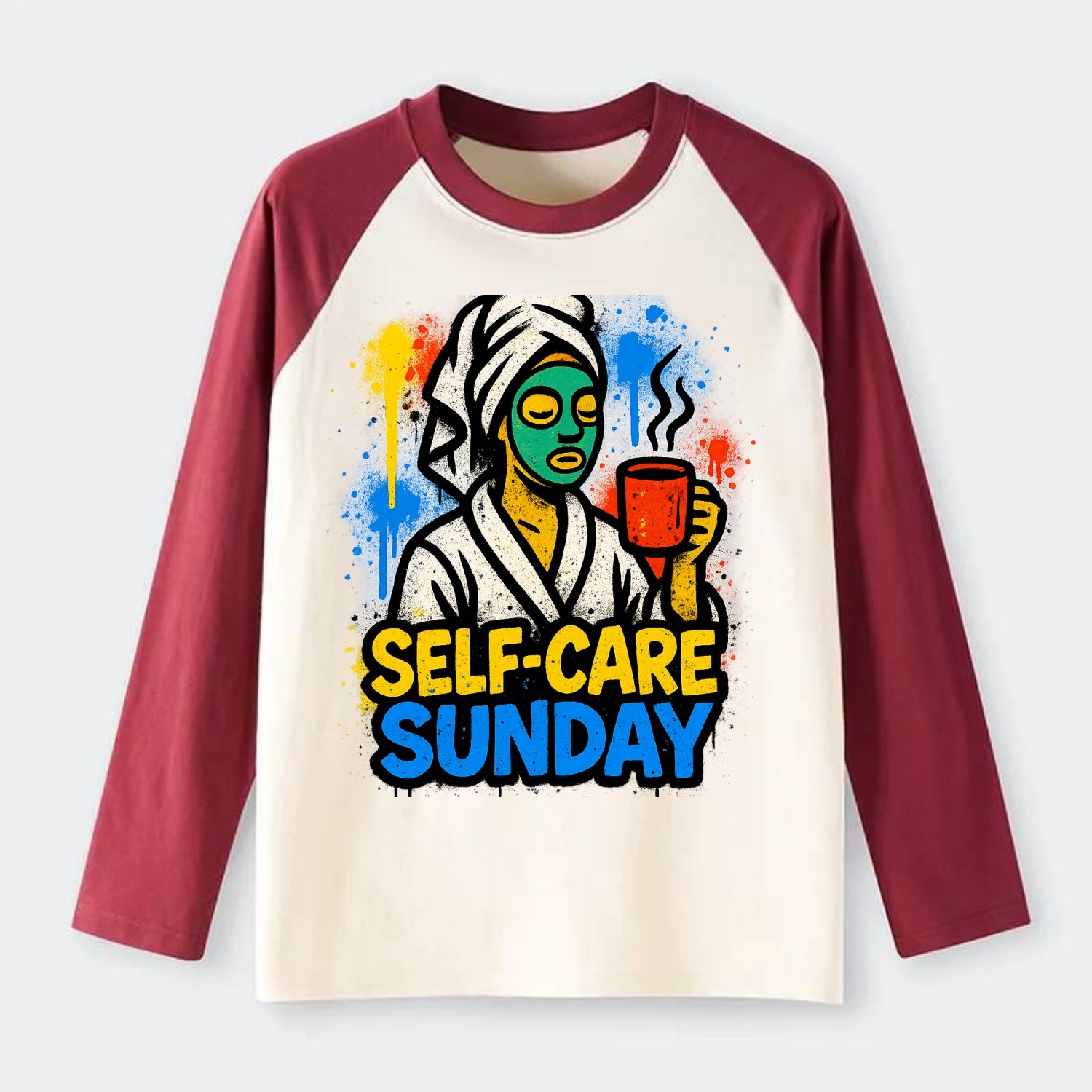 Person in bathrobe with face mask and tea - self-care Sunday ritual, - Raglan Long Sleeve T-Shirt - Red