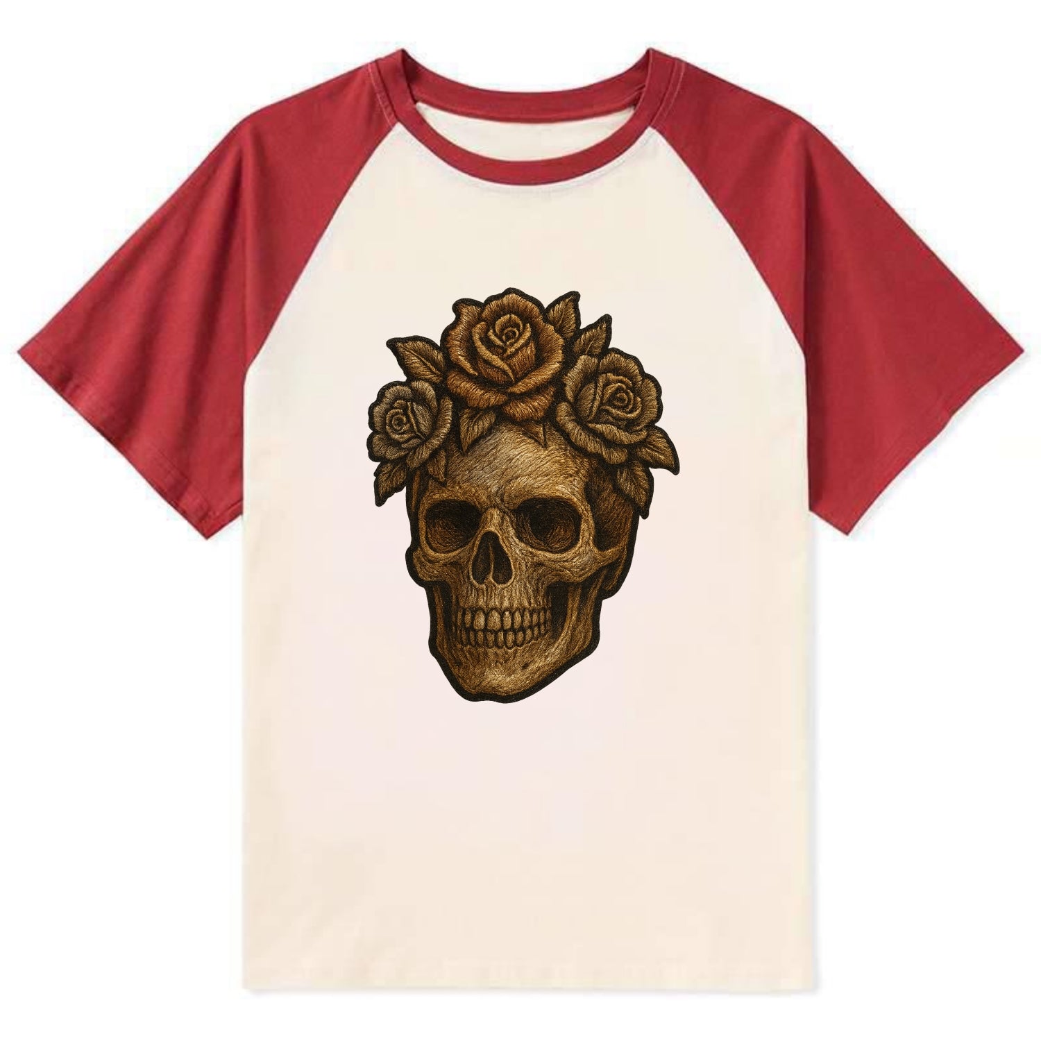 Skull and Roses  - Contrast Raglan T-shirt - Red