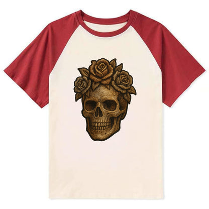 Skull and Roses  - Contrast Raglan T-shirt - Red