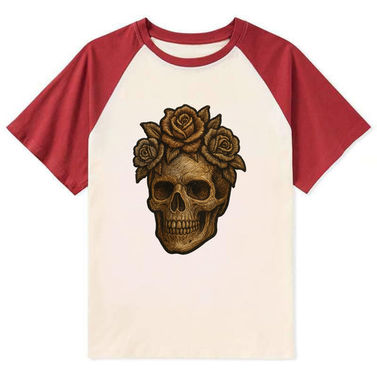 Skull and Roses  - Contrast Raglan T-shirt - Red