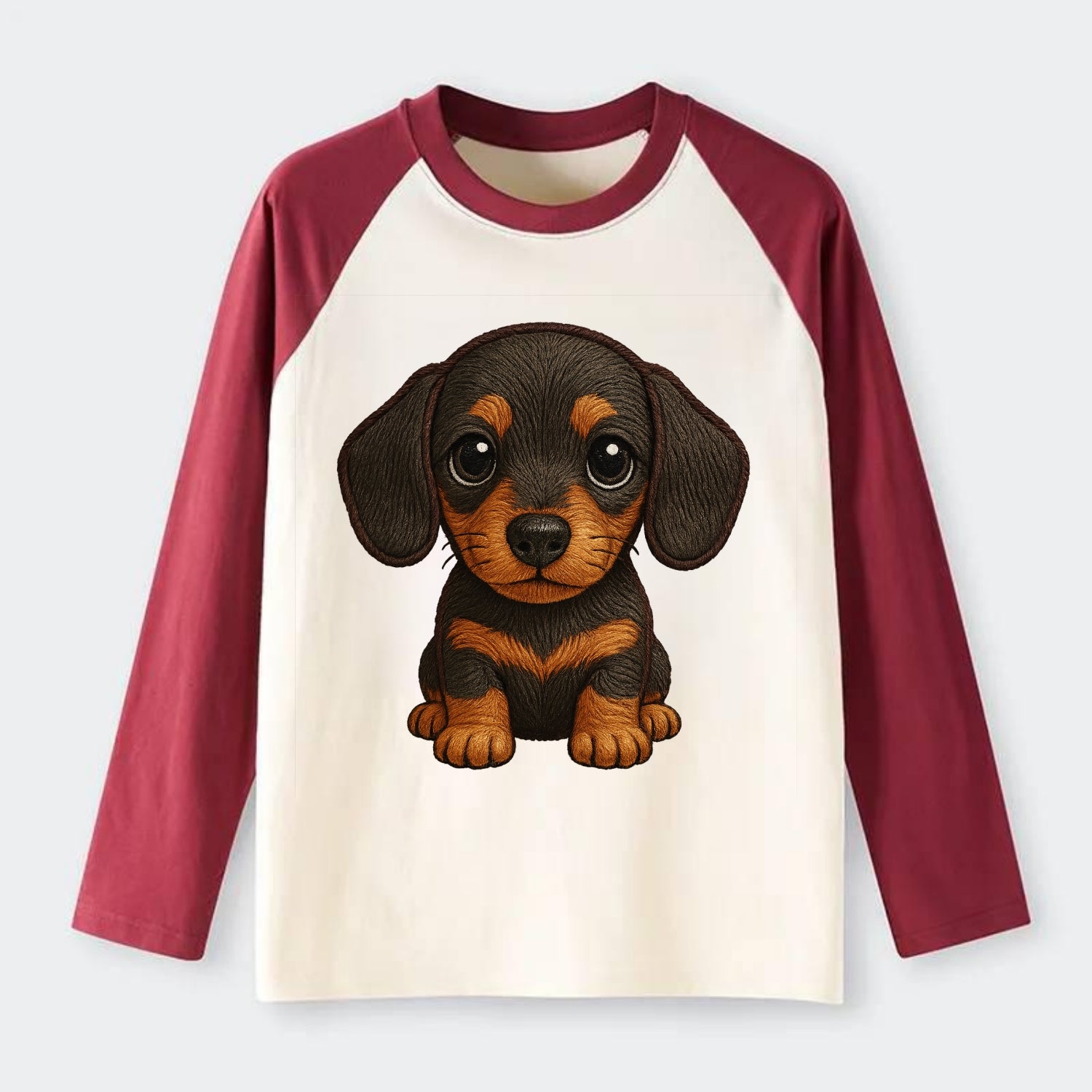 Baby Dachshund Puppy - long body, short legs, floppy ears, curious - Raglan Long Sleeve T-Shirt - Red