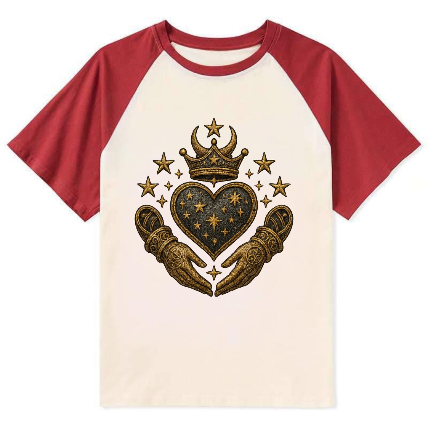 Weathered antique brass crown above a hammered gunmetal heart framed by - Contrast Raglan T-shirt - Red