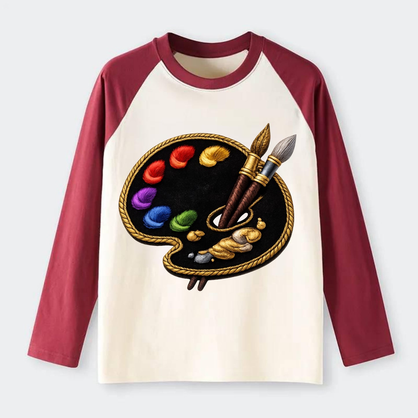 PAINT PALETTE - artist palette with brushes in rainbow and brown , - Raglan Long Sleeve T-Shirt - Red