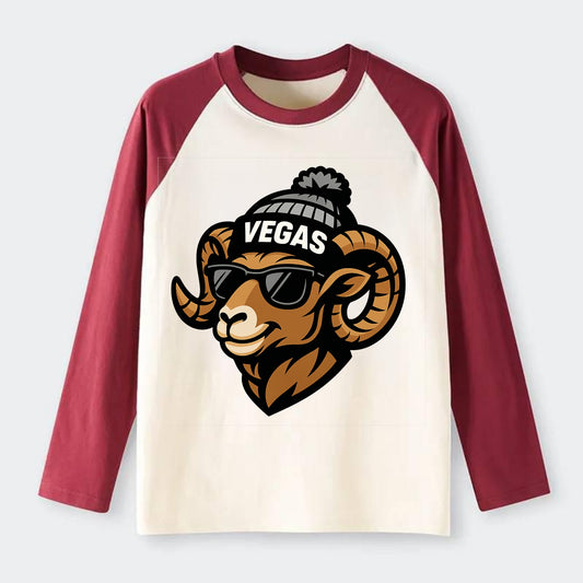 Vegas Desert Bighorn wearing Raiders silver and black beanie with pom - Raglan Long Sleeve T-Shirt - Red