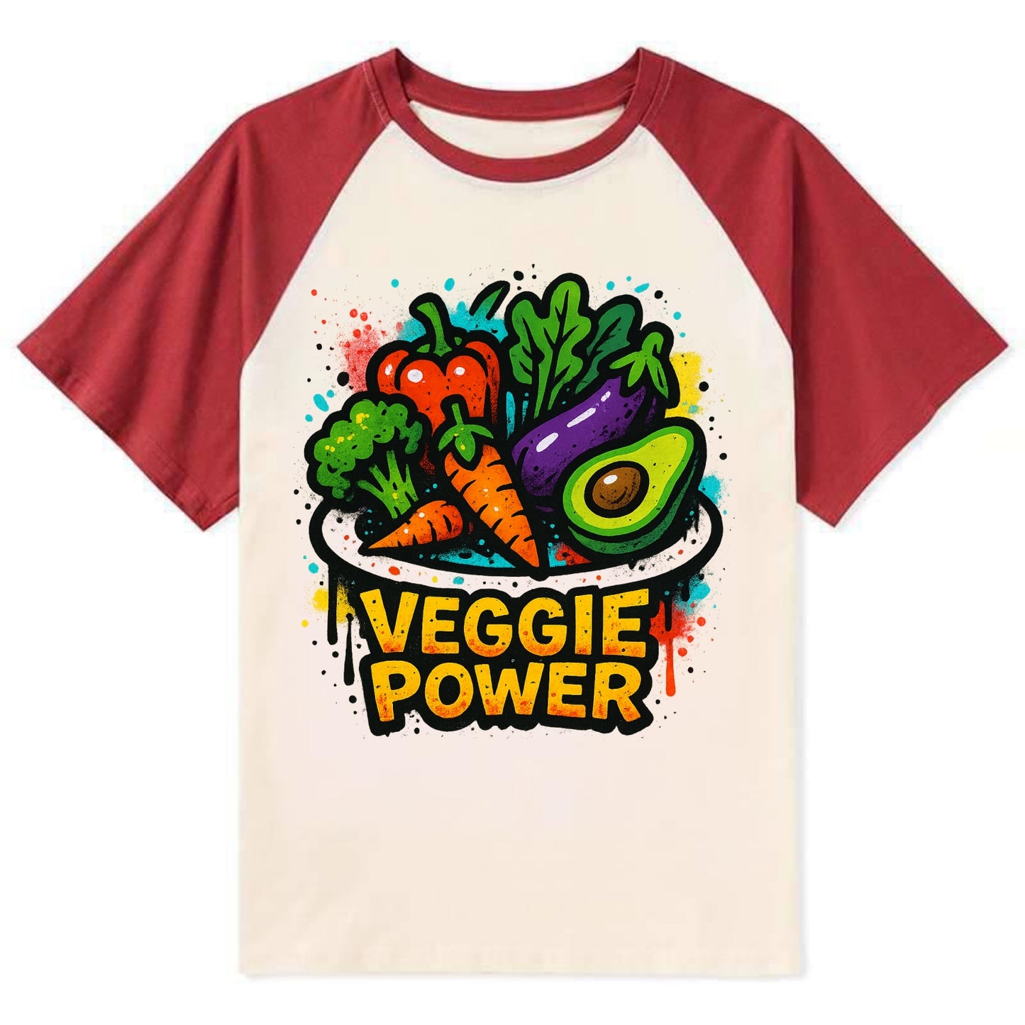 Colorful vegetables and plants on plate - plant-based lifestyle, veggie - Contrast Raglan T-shirt - Red