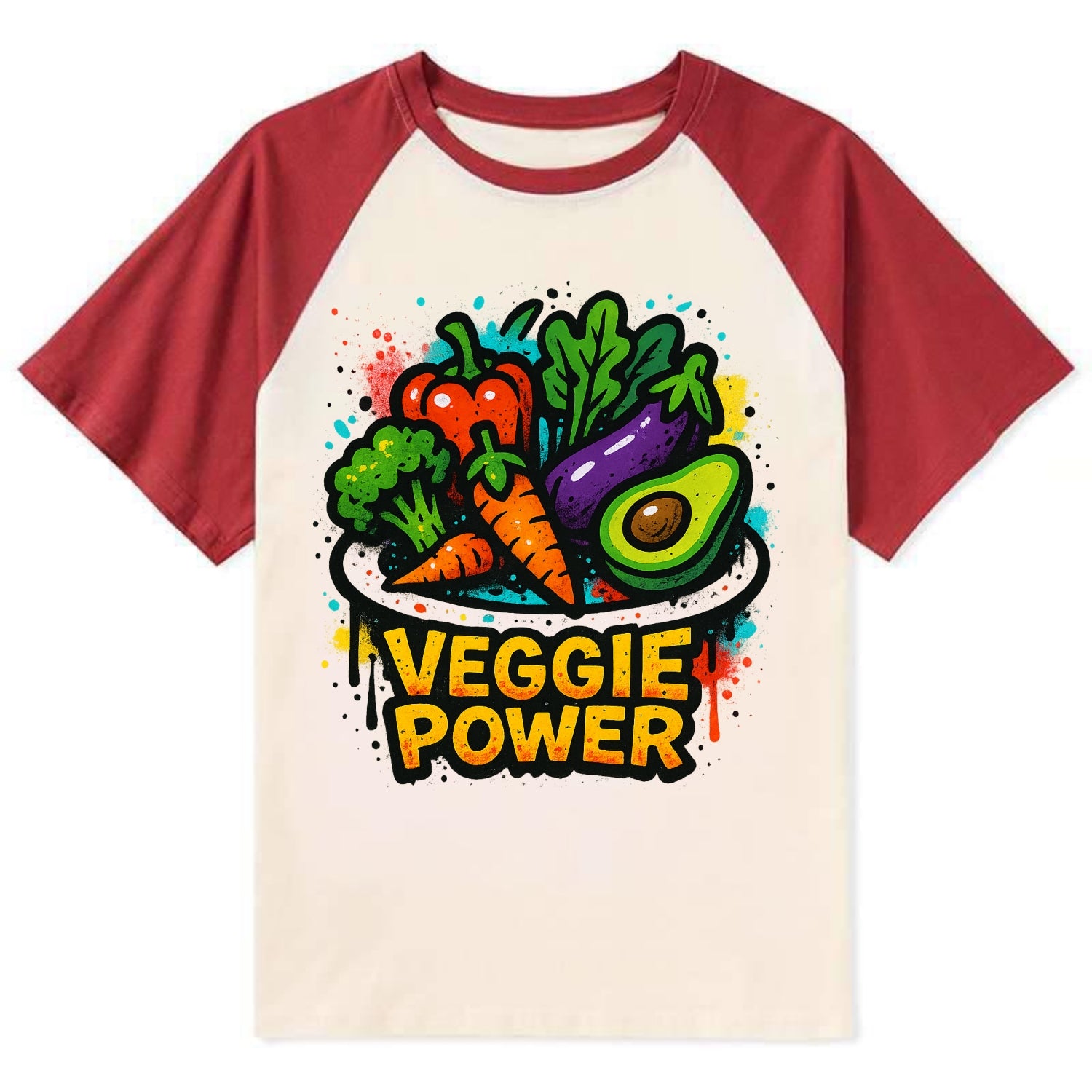 Colorful vegetables and plants on plate - plant-based lifestyle, veggie - Contrast Raglan T-shirt - Red