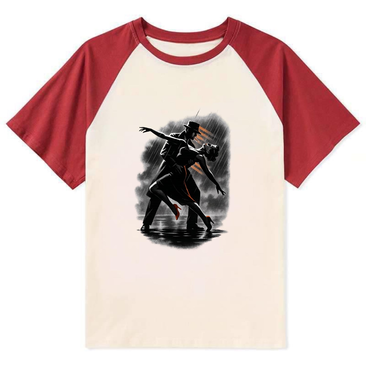 romantic dance pose with woman lifted in the air at lakeside - Contrast Raglan T-shirt - Red