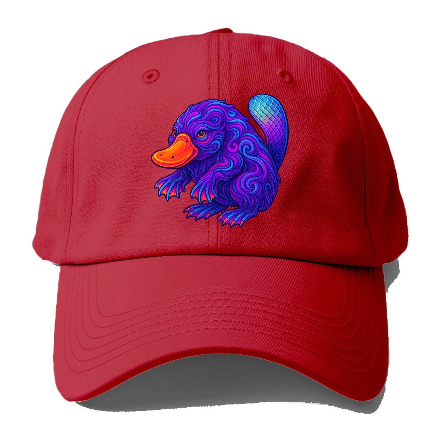 Quirky platypus with bill glowing in neon orange, beaver tail with holographic - Baseball Cap - Red
