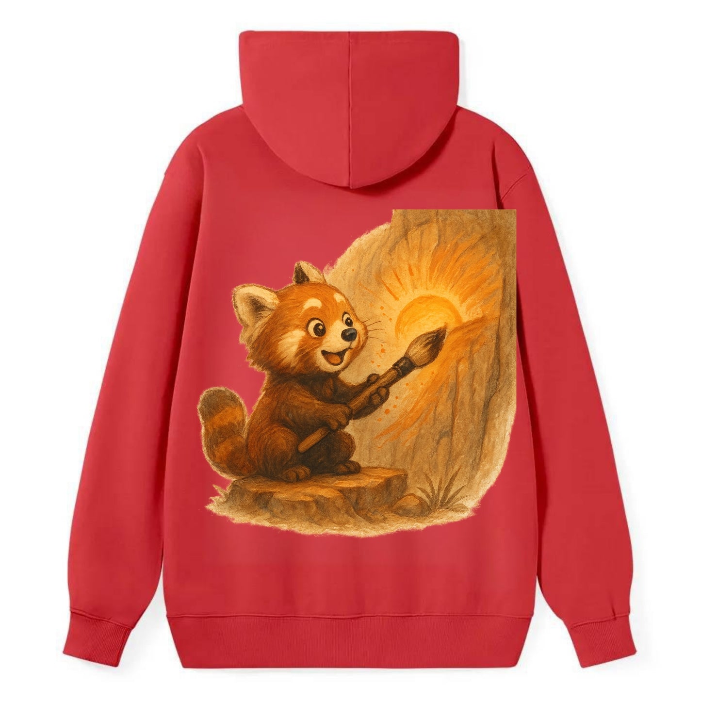 Red panda painting a sunrise mural with an oversized calligraphy brush on - Classic Pullover Hoodie - Red