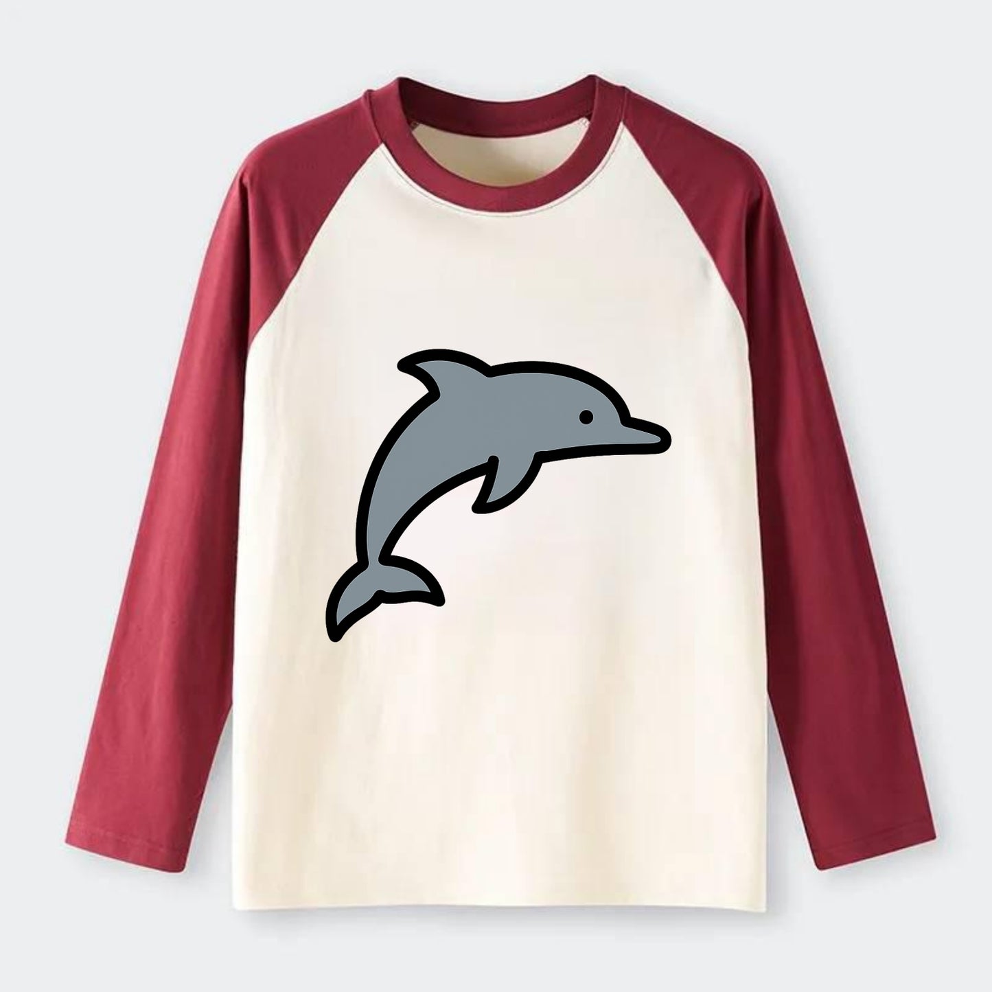 Bottlenose Dolphin - Gray jumping pose flat side profile - Raglan Long Sleeve T-Shirt - Red