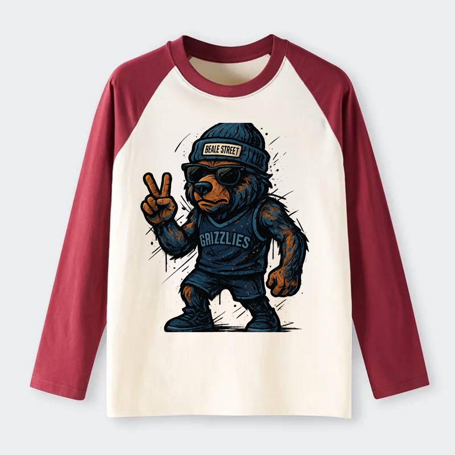 Memphis Grizzly Bear wearing Grizzlies navy and light blue beanie with - Raglan Long Sleeve T-Shirt - Red