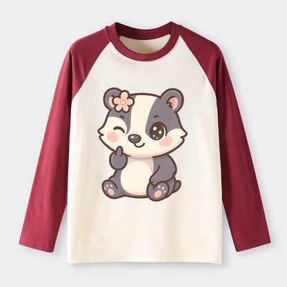 adorable badger with black and white stripes, one paw giving finger - Raglan Long Sleeve T-Shirt - Red