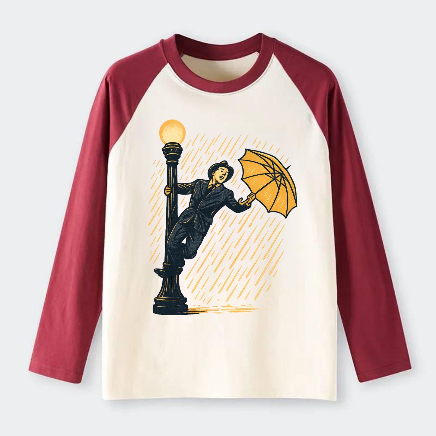 joyful dancing on lamppost in heavy rain with big smile - Raglan Long Sleeve T-Shirt - Red